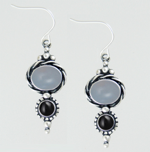 Sterling Silver Drop Dangle Earrings With Chalcedony And Black Onyx